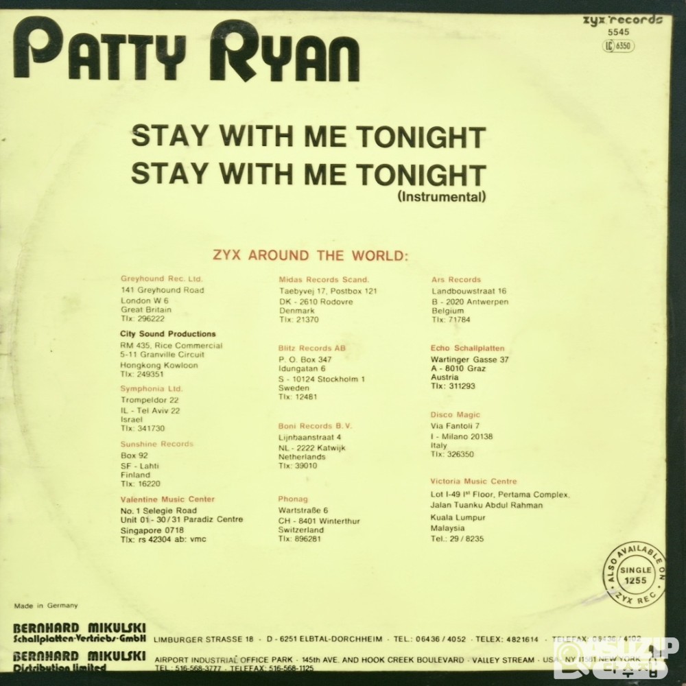 1986년 독일 유로디스코 가수 패티 라이언(Patty Ryan)의 싱글 "Stay With Me Tonight"