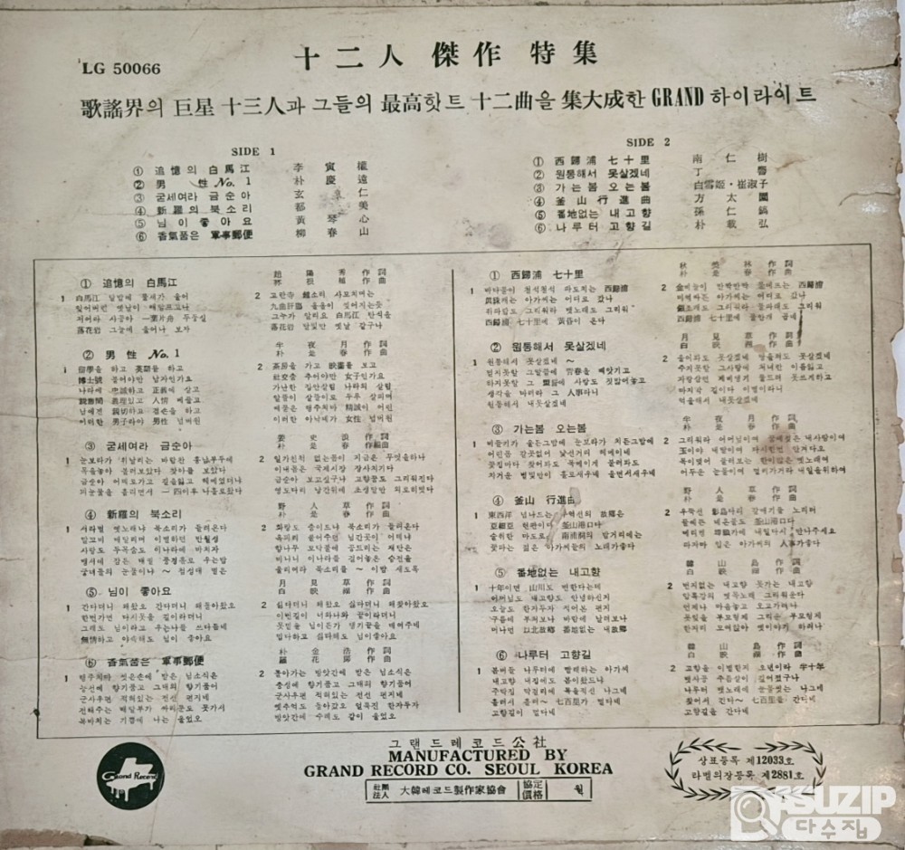 1970~80년대에 그랜드레코드공사에서 발매한 컴필레이션 LP 앨범 12인의 걸작 (사용감 많음)