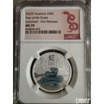 2025년 호주 푸른뱀 1/1온스 색채은화 NG C70등급 'First Releases(첫 출시) 라벨